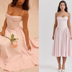 House of CB ‘Samaria’ Ballerina Pink Salt Twill Corset Midi Dress NWOT